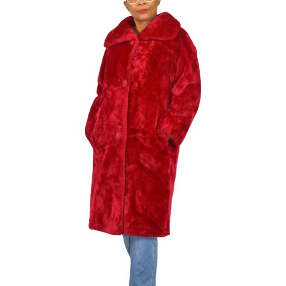 Vintage Borgana Russel Taylor Faux Fur Coat Bright Red Pile Soft Teddy 60s Small - Picture 1 of 16